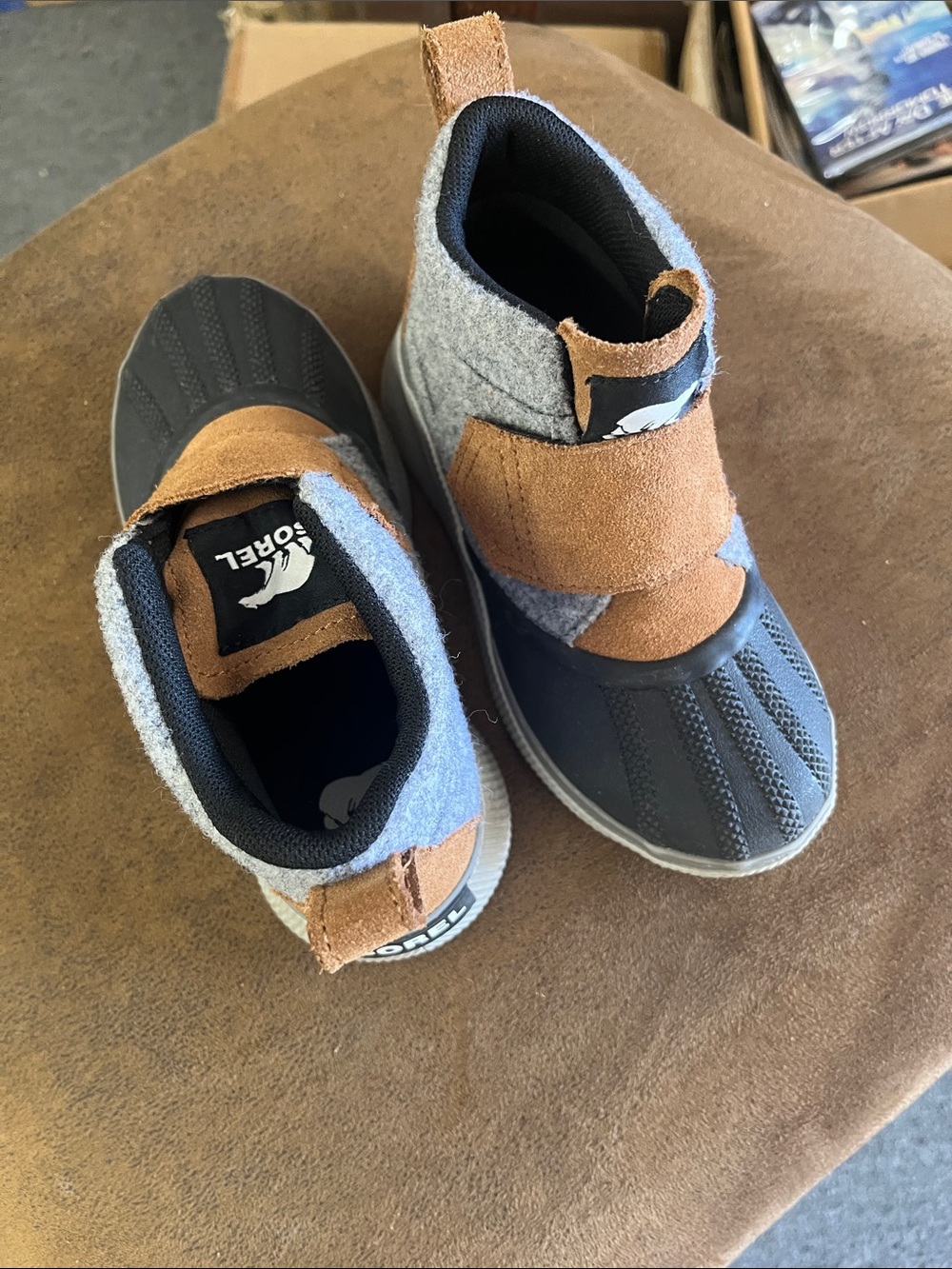Sorel Kids Gray and Brown Duck Boots with Suede Straps